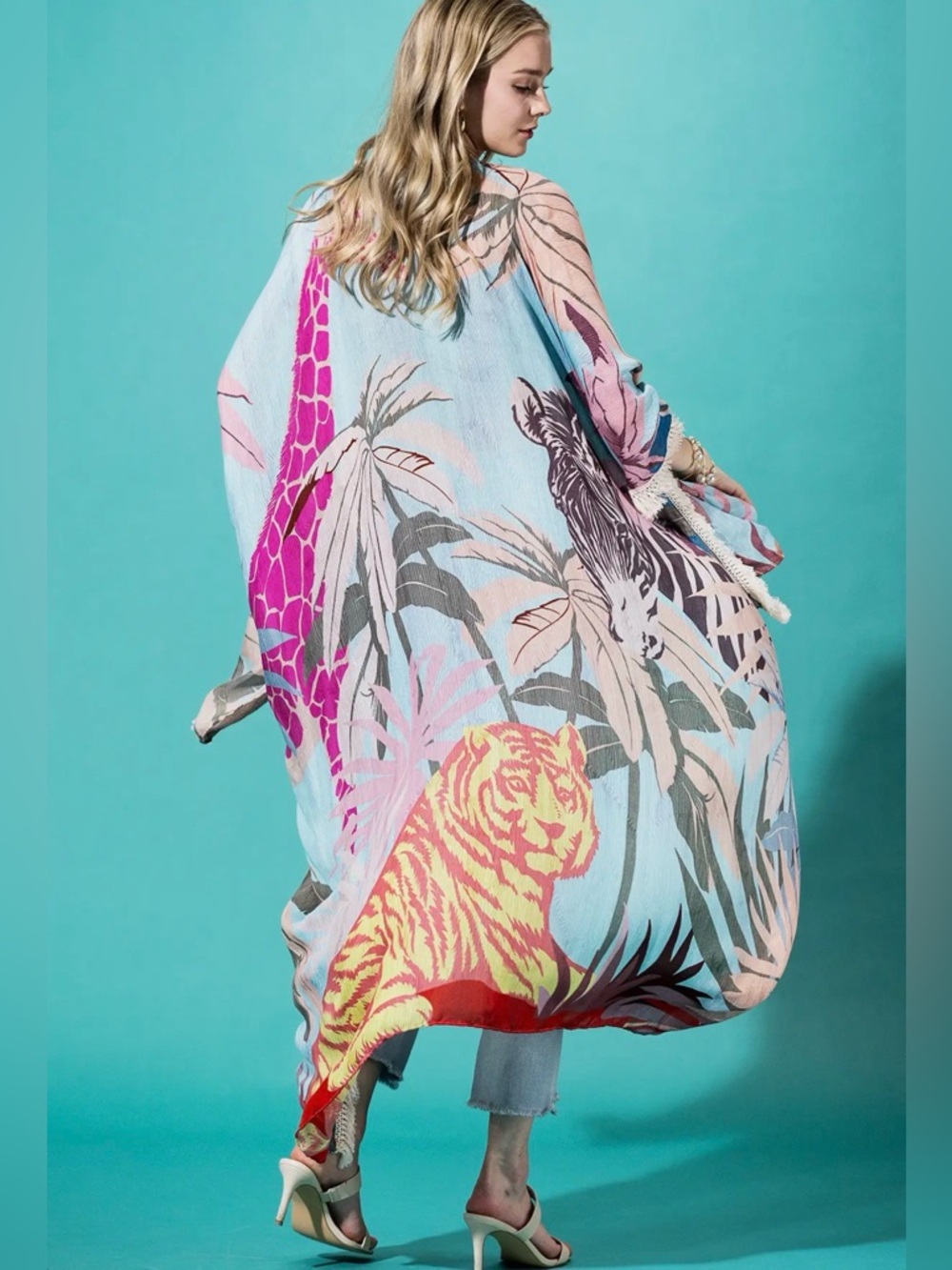 Pink Horizon Mist Tropical Animal Print Kimono - Pastel Blue, Pink & Yellow